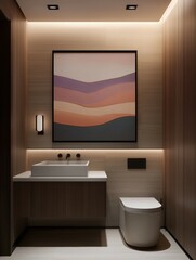 Modern bathroom design featuring minimalist styling and art