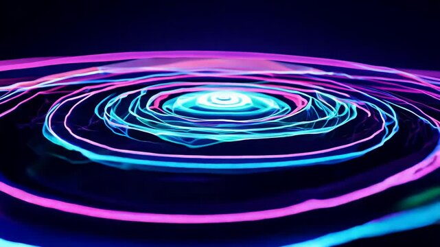 Seamless loop video of sound waves creating patterns in water with neon lighting and a slow pan camera movement. cymatics visualization