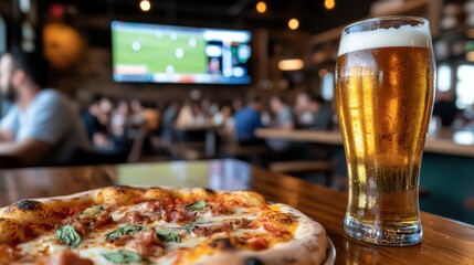 A freshly made pizza and a glass of amber beer sit invitingly on a wooden table in a lively bar with a sports game playing on TV.