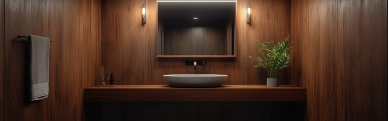 Modern bathroom design featuring warm wood tones and plants