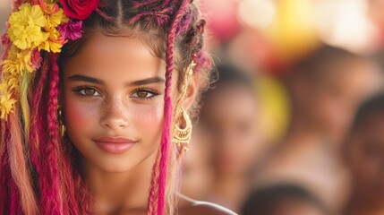 Naklejka premium A young girl with vibrant pink and yellow flowers in her braided hair smiles warmly, her expressive eyes captivating the viewer, This image is ideal for beauty, fashion, and cultural representations,