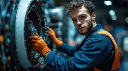 Male engineer working on large industrial turbine with tools, focused expression, mechanical maintenance, modern factory setting, technology, professional industry, precision engineering