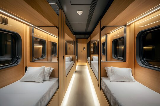 Contemporary train sleeper cabin with refined finishes and modern design. Spacious and comfortable with sleek wood accents and soft lighting.