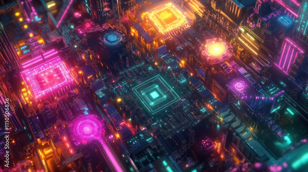 Poster a stunning visual of a quantum computer's inner workings, with luminous circuits and flowing data st