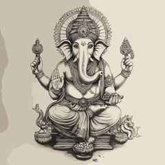 Obraz premium Majestic illustration of Lord Ganesha surrounded by traditional symbols of prosperity and wisdom