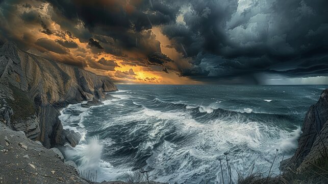 A dramatic stormy sky over a rugged coastline, with waves crashing against the rocky shore
