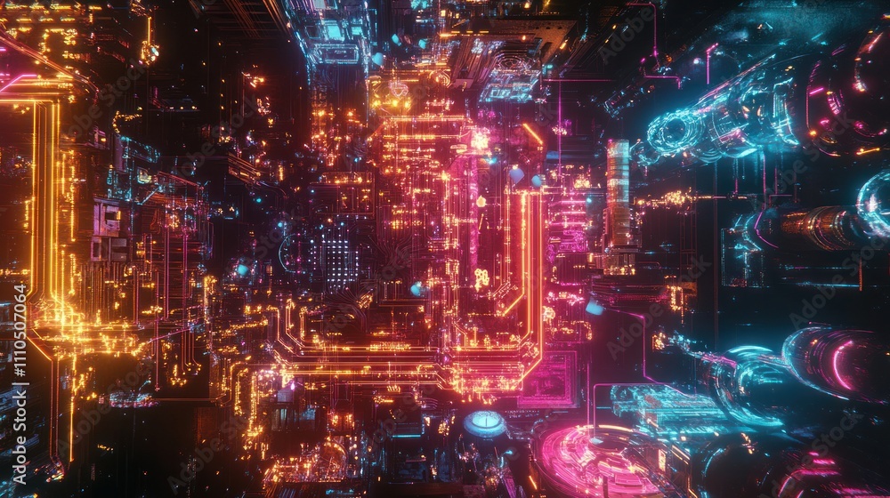 Poster a stunning visual of a quantum computer's inner workings, with luminous circuits and flowing data st