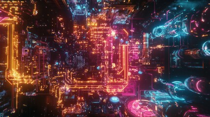 A stunning visual of a quantum computer's inner workings, with luminous circuits and flowing data streams illustrated in a colorful,