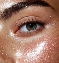 Close-up of Eye with Glitter and Glossy Skin