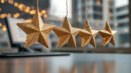 Four Gold Glitter Stars Hanging Over Computer and Keyboard