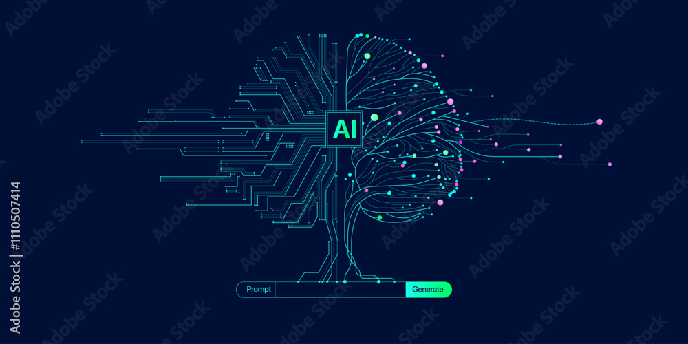 Poster illustration of abstract stream. artificial intelligence. big data, technology, ai, data transfer, d