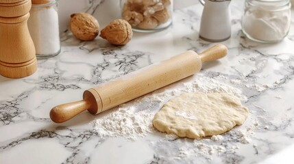 Fototapeta premium Rolling pin flattening dough on a kitchen surface, surrounded by flour and baking tools