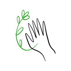 Hand silhouette and floral branch drawing, self love and care minimalist art, boho zen icon of harmony or holistic logo Reiki healing herbal meditation clip-art isolated on white background pre-made