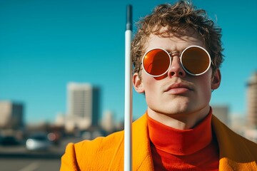 Young Man with Cane, Orange Clothing, and Sunglasses