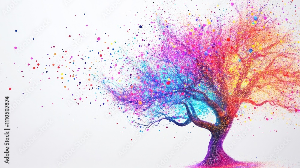 Poster a visually striking representation of a quantum tree with vibrant branches intertwining, each adorne