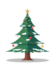 Snowy Christmas tree with red and yellow glass balls, yellow bulb line, stars, and shadows