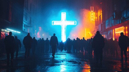 Crowd silhouetted under neon cross in urban street at night, dramatic glowing scene, faith in modern world, mysterious atmosphere, reflective spiritual moment, devotion.