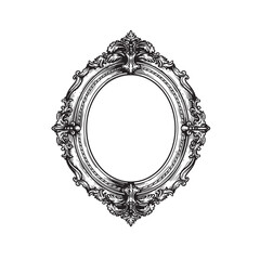 Oval vintage picture frame. Hand drawn victorian retro sketch style. Vector illustration isolated on white.