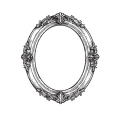 Oval vintage picture frame. Hand drawn victorian retro sketch style. Vector illustration isolated on white.