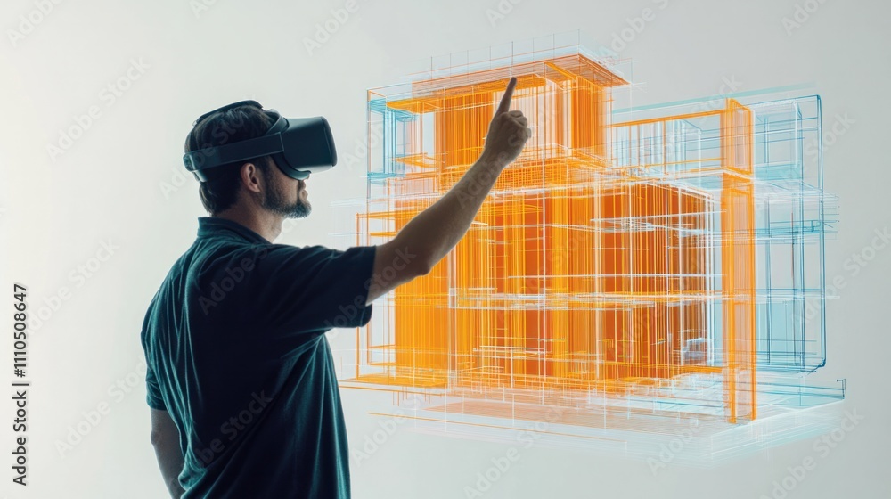 Poster an engineer gestures towards a virtual reality interface showcasing a dynamic building design that l
