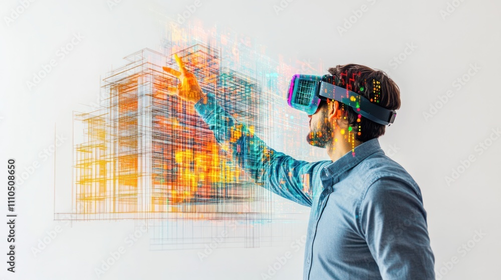 Poster an engineer gestures towards a virtual reality interface showcasing a dynamic building design that l