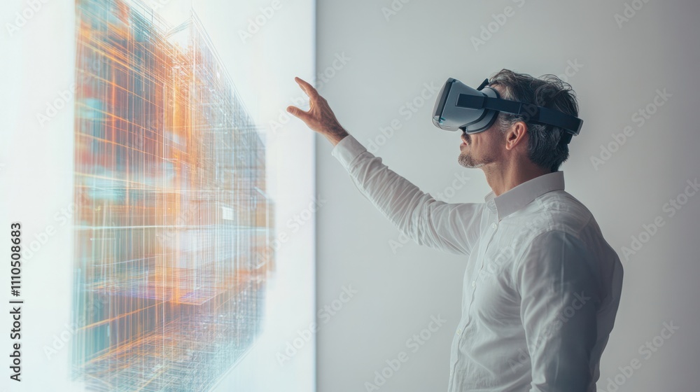 Poster an engineer gestures towards a virtual reality interface showcasing a dynamic building design that l