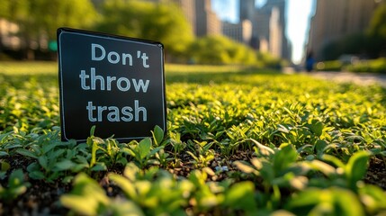 Black sign reading "Don’t throw trash" placed on fresh green plants in urban park, environmental awareness, city greenery, clean environment, eco-friendly public reminder.
