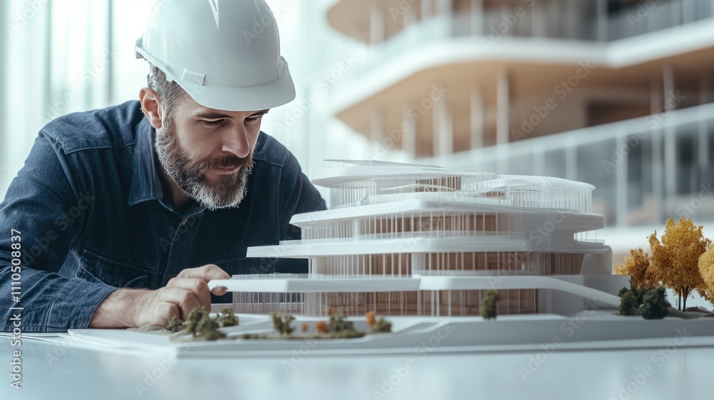 Poster an engineer gestures towards a virtual reality interface showcasing a dynamic building design that l