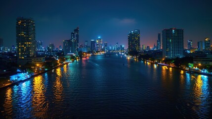 Obraz premium A stunning nighttime cityscape featuring illuminated skyscrapers along a river, reflecting vibrant colors and creating a serene, urban atmosphere.