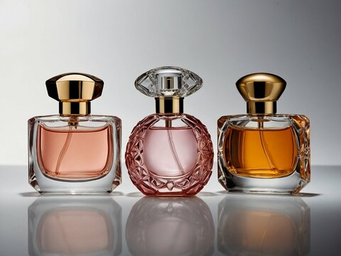 Exquisite perfume bottles on white background in vintage style