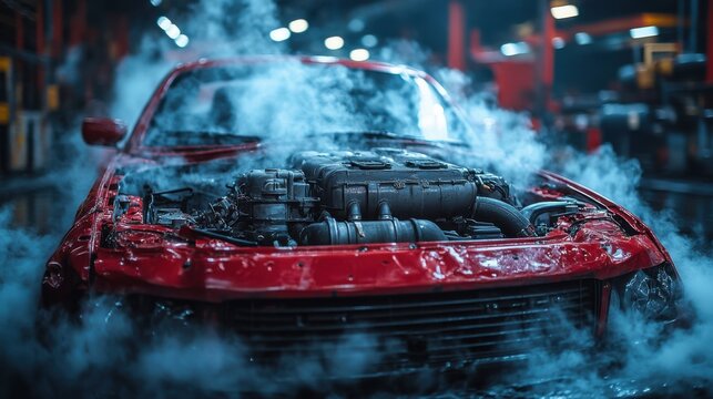Vintage red car with open hood releasing dense smoke in dimly lit garage, mechanical issue, engine trouble, dramatic atmosphere, vehicle breakdown scene.