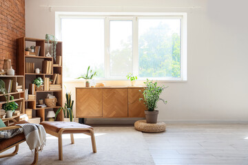 Armchair, chest of drawers, shelving units with books and houseplants in interior of home library
