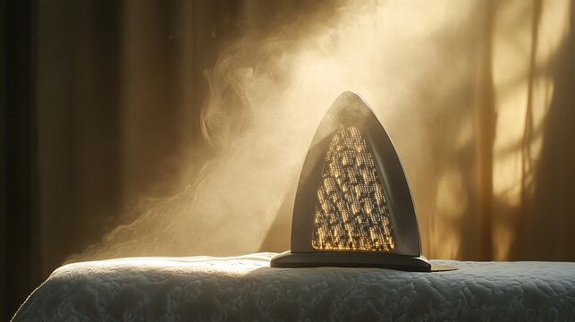 Steam iron on ironing board, sunlit room.