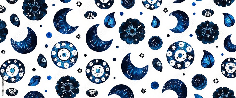 Poster a blue background with a pattern of flowers and crescent moons. the flowers are in various sizes and