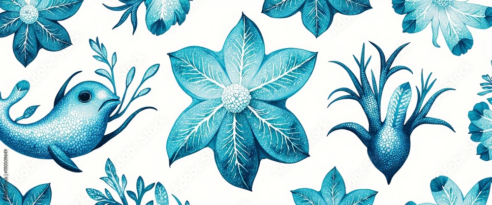 Poster a blue and white floral pattern with a star and a seashell. the seashell is located near the bottom 