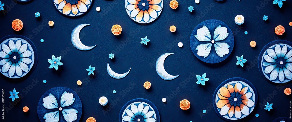 Poster a blue background with a pattern of flowers and crescent moons. the flowers are in various sizes and