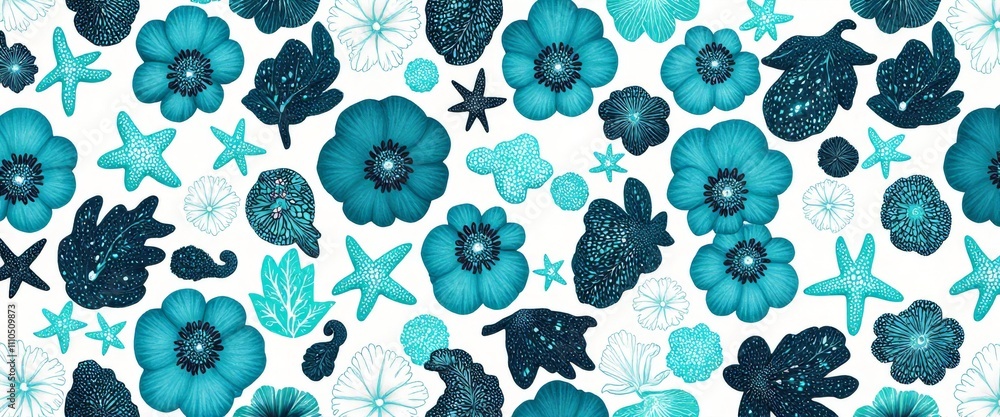 Poster a blue and white floral pattern with a star and a seashell. the seashell is located near the bottom 