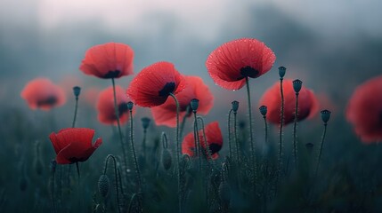 Obraz premium bright red poppies in bloom, their petals glistening with morning dew,