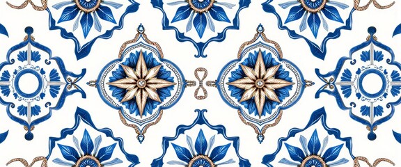 A blue and white floral pattern with a blue anchor in the center. The flowers are arranged in a circular pattern with a blue and white background