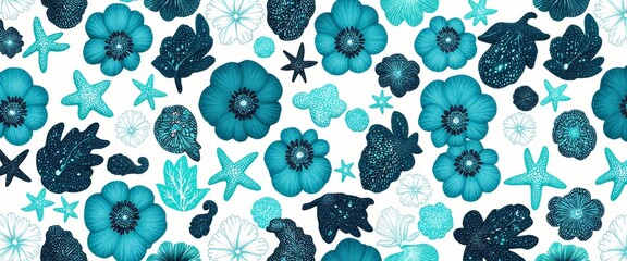 A blue and white floral pattern with a star and a seashell. The seashell is located near the bottom right corner of the image