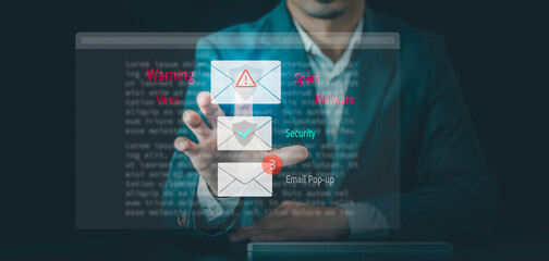Cybercrime email Spam concept. E-mail Popup Warning Window: The computer shows a malware screen that comes with email, hack passwords from bank accounts, and personal data cybersecurity