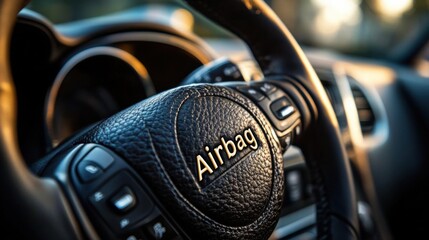 Close-up of a car steering wheel with embossed “Airbag” text, modern vehicle interior, black leather design, sunlight reflections, safety feature, automotive detail, luxury driving experience.