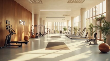 Spacious modern gym interior with natural light, treadmills, exercise equipment, wooden decor, fitness mats, green plants, workout area, fitness center, health lifestyle design.