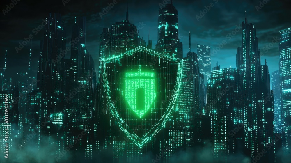 Aufkleber a 3d rendering of a cybersecurity shield glowing in green against a background of binary code