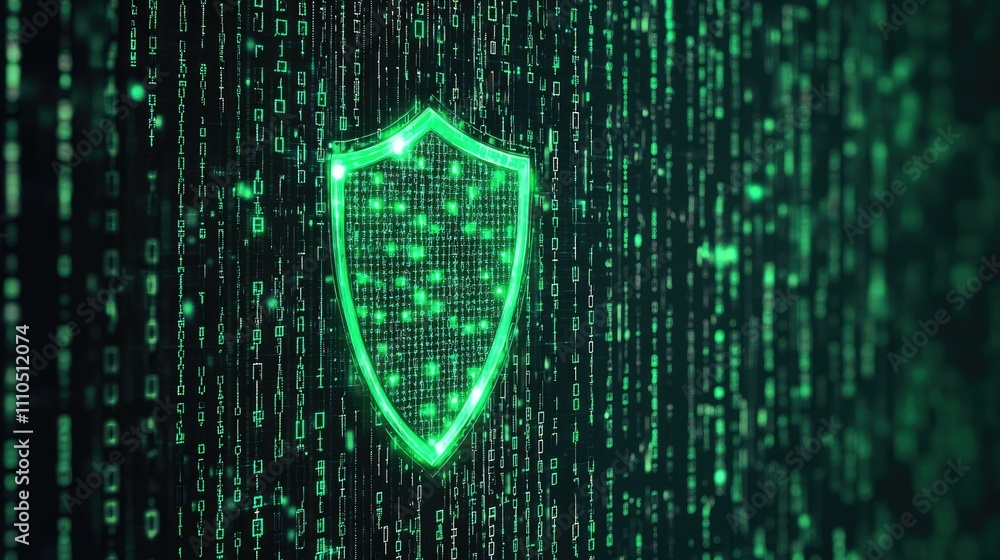 Aufkleber a 3d rendering of a cybersecurity shield glowing in green against a background of binary code