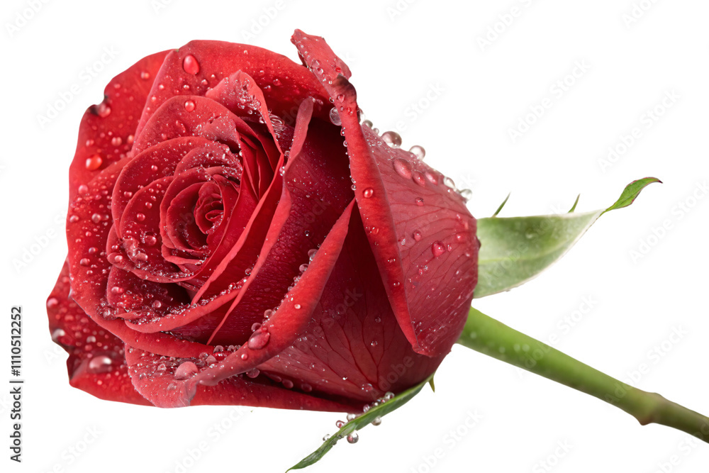 Poster a detailed close-up of a red rose with sparkling droplets, emphasizing texture, depth, and the richn