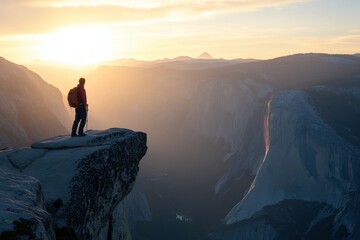 Fototapeta premium Hiking adventure at sunset overlooking majestic mountains nature photography serene environment inspirational viewpoint capturing the essence of exploration and freedom