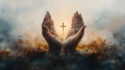 A pair of hands raised towards the sky with an empty cup in the palms, symbolizing hope, faith, and openness, set against a serene sky background, evoking a sense of spiritual connection and yearning.