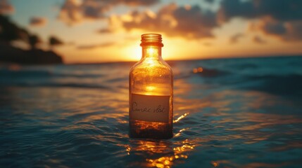 Glass bottle with handwritten "Love" note illuminated by golden sunset over the ocean, romantic scenery, peaceful water reflection, tranquil beach atmosphere, serenity.