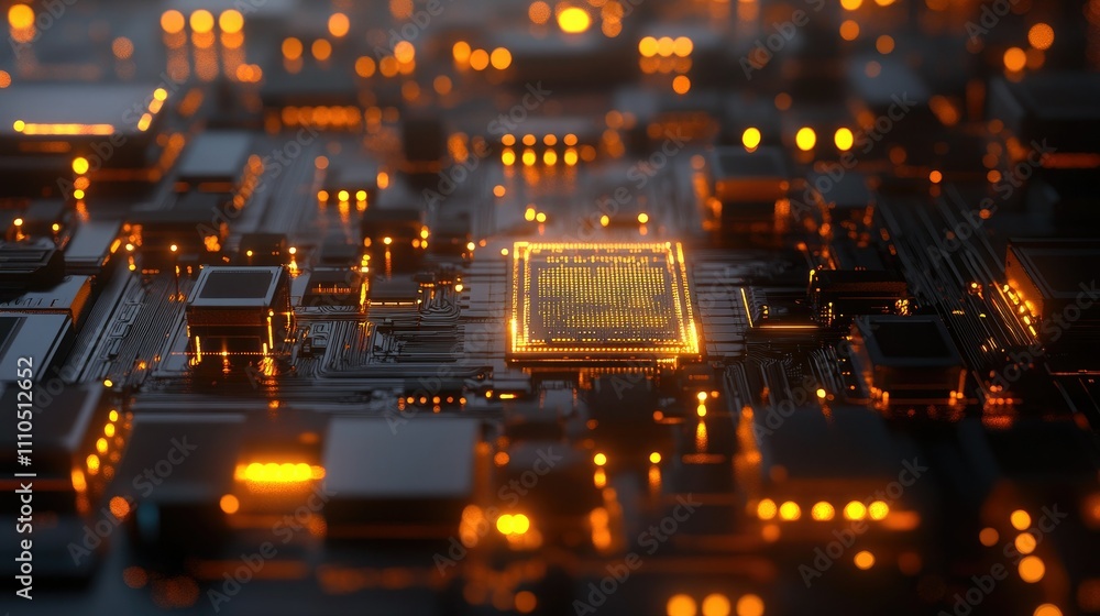 Poster a close-up of a glowing microchip on a circuit board surrounded by intricate connections